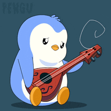 a blue and white penguin playing a guitar with the word pengu on the bottom right