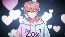 a boy with pink hair is wearing a hoodie with the word zox on it