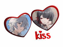 a couple of hearts with the word kiss in red