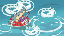 a cartoon of a crocodile in a life preserver in the ocean