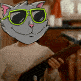 a cartoon cat wearing green sunglasses is holding a book