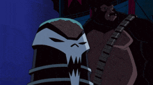 a cartoon character with glowing red eyes and a green head