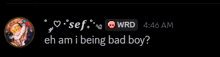 a screenshot of a message that says ' eh am i being bad boy ? '