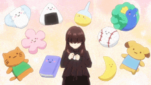 a girl is surrounded by a bunch of stuffed animals including a baseball