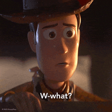 a close up of a toy story character with the words w-what written below him