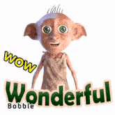 a sticker of a cartoon character with the words wow and wonderful below it