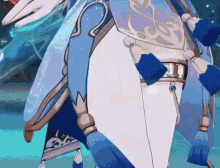 a close up of a cartoon character in a blue and white outfit .