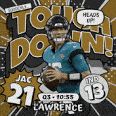 an advertisement for jac lawrence with a football in his hand