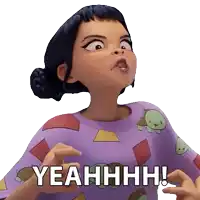 a cartoon girl says yeahhhh in a purple shirt