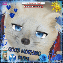 a picture of a dog with blue eyes and the words good morning bubs on the bottom