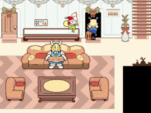 a pixel art drawing of a living room with a couch and chair