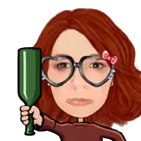 a cartoon woman wearing heart shaped glasses holds a green bottle