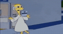 homer simpson is wearing a white robe and headphones while standing in a hallway .