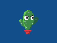 a pixel art illustration of a cactus with angry eyes