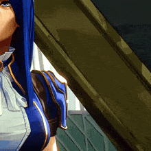 a close up of a cartoon character 's face with blue hair