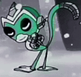 a green cartoon character is holding a microphone and wearing a crown .