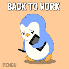 a penguin holding a tablet with the words back to work behind him