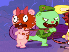 a cartoon of a bear holding a sword and a girl with a bow on her head