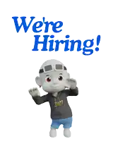 a cartoon character is standing in front of a sign that says ' we 're hiring '