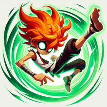 a cartoon character with orange hair and green eyes is flying through the air