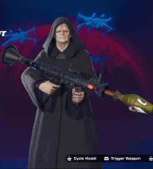a video game character is holding a rocket launcher and the cycle model button is visible