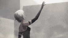 a woman with white hair and black gloves is standing in front of a gray wall