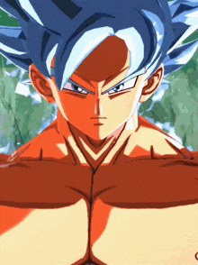 a close up of a cartoon character with blue hair and red muscles