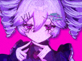 a drawing of a girl with purple hair and a purple background