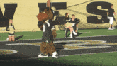 a mascot walking on a football field with cheerleaders in front of a wall that says vs