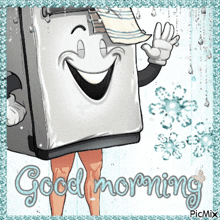 a cartoon drawing of a refrigerator with a face on it and the words good morning