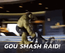 a hulk is smashing a man in a bowling alley and saying `` gou smash raid '' .