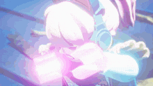 a purple and blue background with a person wearing headphones in the foreground