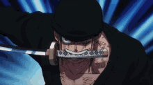 a man holding a sword in his mouth with a blue light behind him