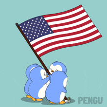 a cartoon of two penguins raising an american flag with pengu in the bottom right corner