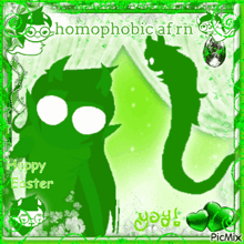 a happy easter card with a green cat and a worm