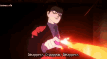 a man in a red suit is holding a red object and says disappear disappear disappear .