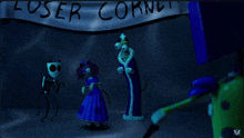 a group of cartoon characters are standing in front of a banner that says loser corn
