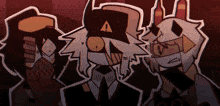 a group of cartoon characters standing next to each other with one wearing a mask