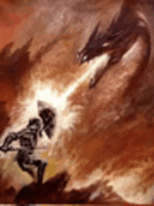 a skeleton is fighting a dragon in a painting .