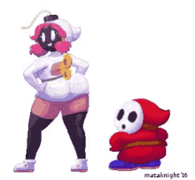 a pixel art of a woman standing next to a shy guy .