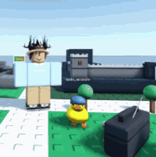 a cartoon character is standing next to a yellow duck with a blue hat