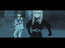 two anime girls are standing next to each other in front of a brick wall with the letter y on it