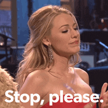 a woman in a red dress with the words stop please on the bottom
