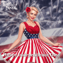 a woman in a red white and blue dress with the words happy independence day on the bottom