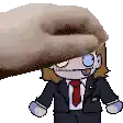 a cartoon character in a suit and tie is being slapped by a hand .