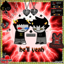 a couple of cartoon characters with the words hell yeah on the bottom right