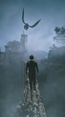 a man is standing on top of a rocky cliff looking at a dragon flying overhead .