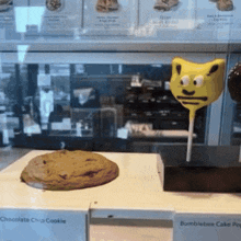 a chocolate chip cookie and a bumblebee cake pop