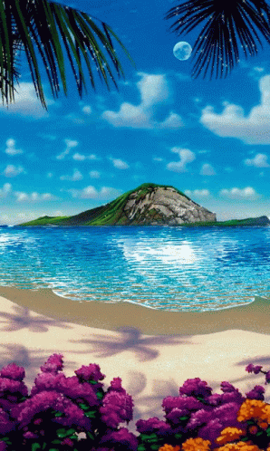 A gif of a Hawaiian beach with a glistening view of the water and mountains