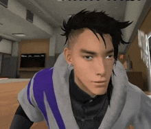 a man with a shaved head is wearing a purple and grey jacket